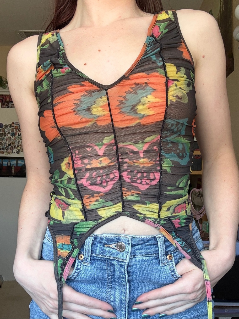 Urban Outfitters Multi Floral Ruched Mesh Camisole